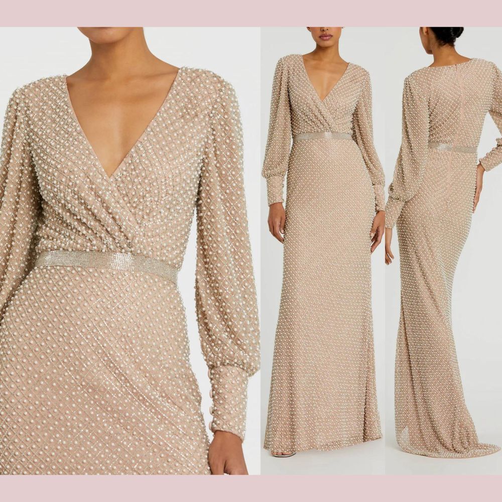 NWT Mac Duggal [ 10 ] 10062 Wrap Over Bishop Sleeve Gown With Pearl Beading Nude